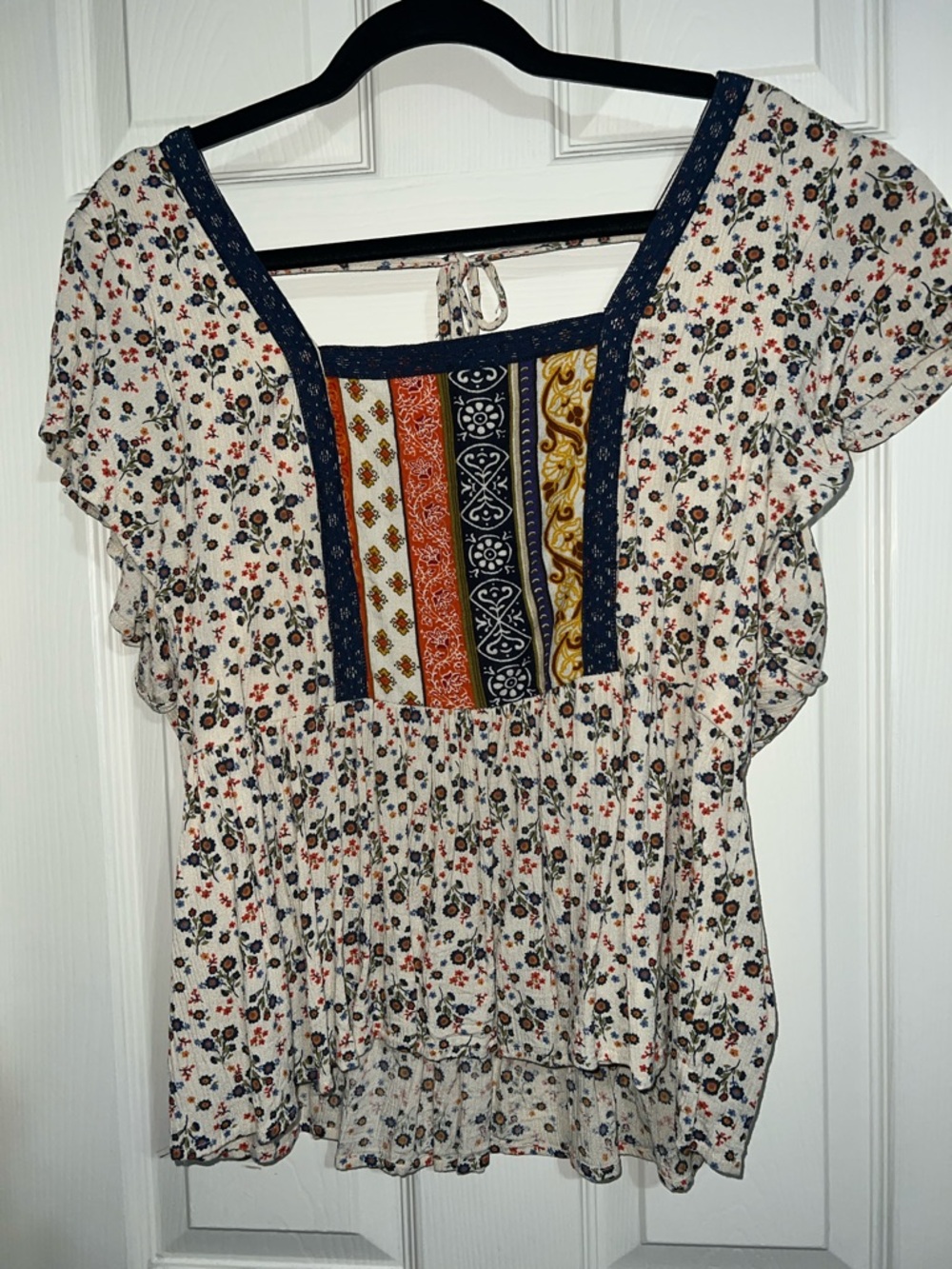 Maurices Cream Floral Patchwork Square-Neck Peasant Top with Navy Trim